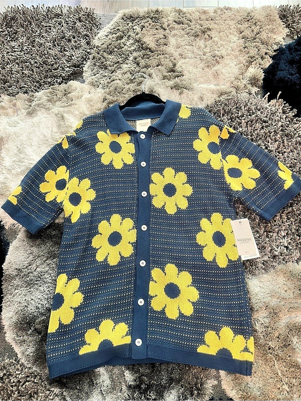 MASSIVE LUXURY Knit Crochet Floral Polo in Blue & Yellow NWT